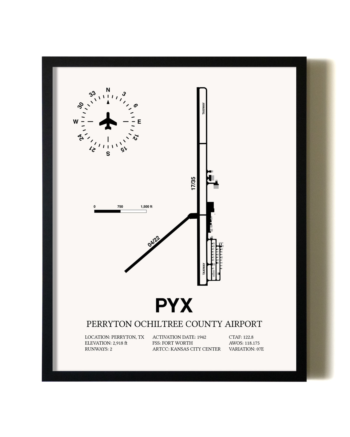 Framed Perryton Ochiltree County Airport wall art poster in black frame