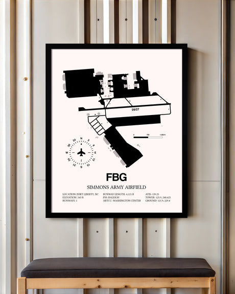 Simmons Army Airfield framed poster displayed in an airplane hangar