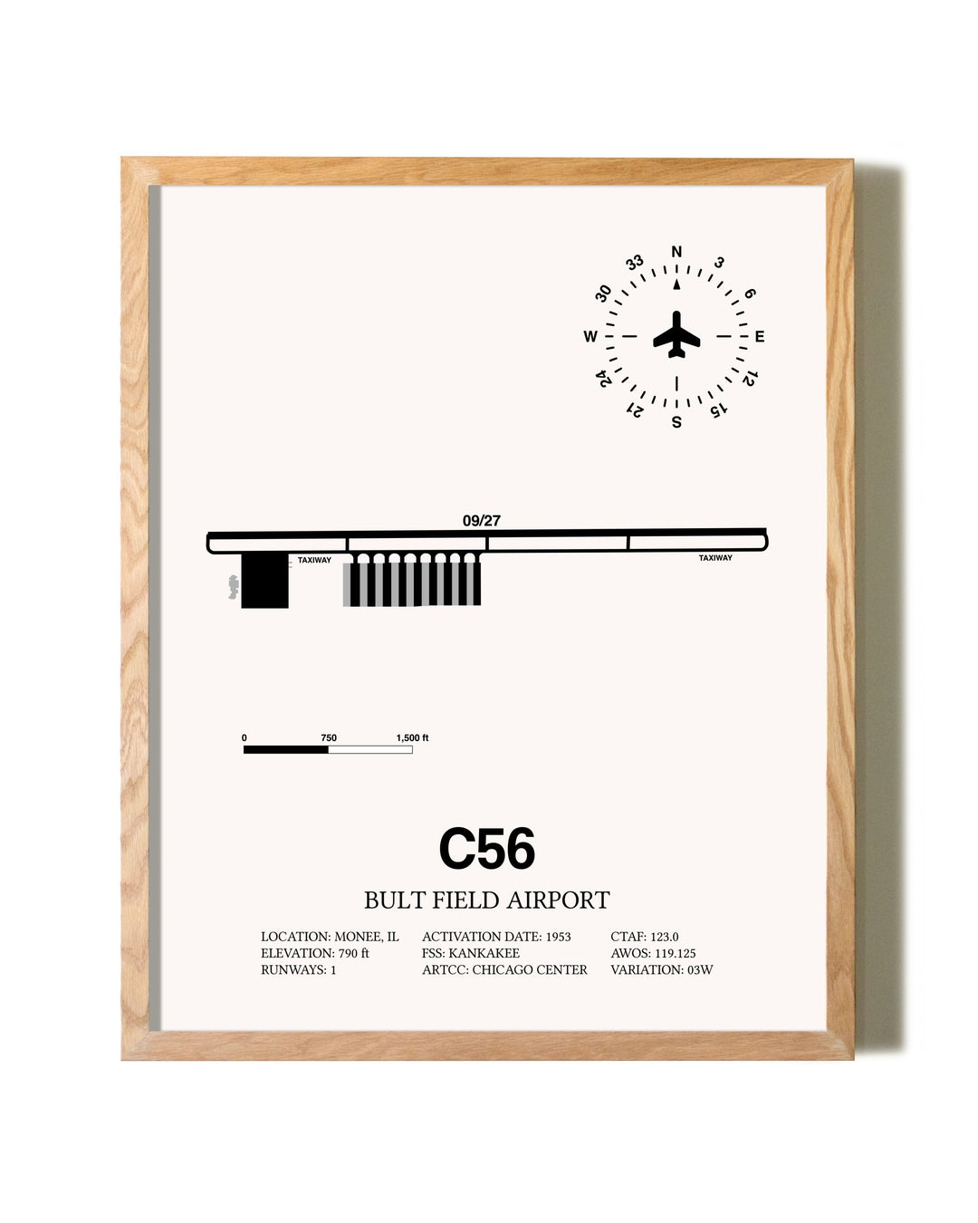 Bult Field Airport framed print in natural wood frame