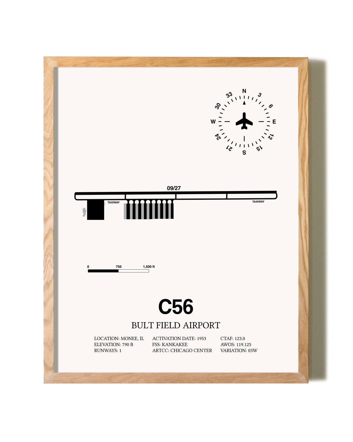 Bult Field Airport framed print in natural wood frame