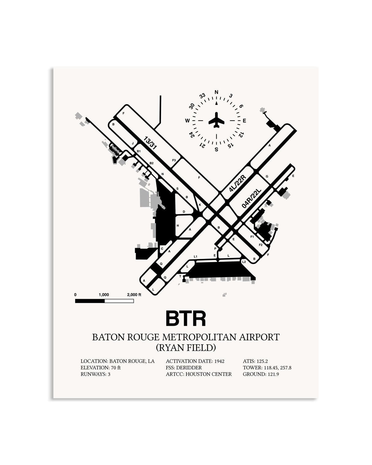 Gray Baton Rouge Metropolitan Airport (Ryan Field) framed poster displayed in an airplane hangar