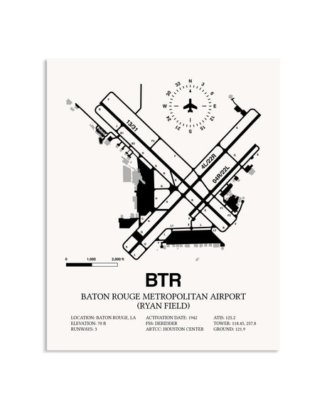 Gray Baton Rouge Metropolitan Airport (Ryan Field) framed poster displayed in an airplane hangar