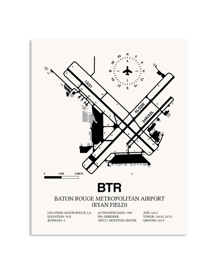 Gray Baton Rouge Metropolitan Airport (Ryan Field) framed poster displayed in an airplane hangar