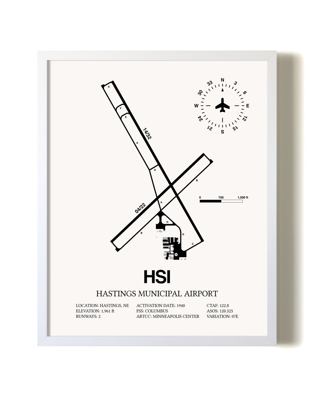 Hastings Municipal Airport airport map poster in oak frame
