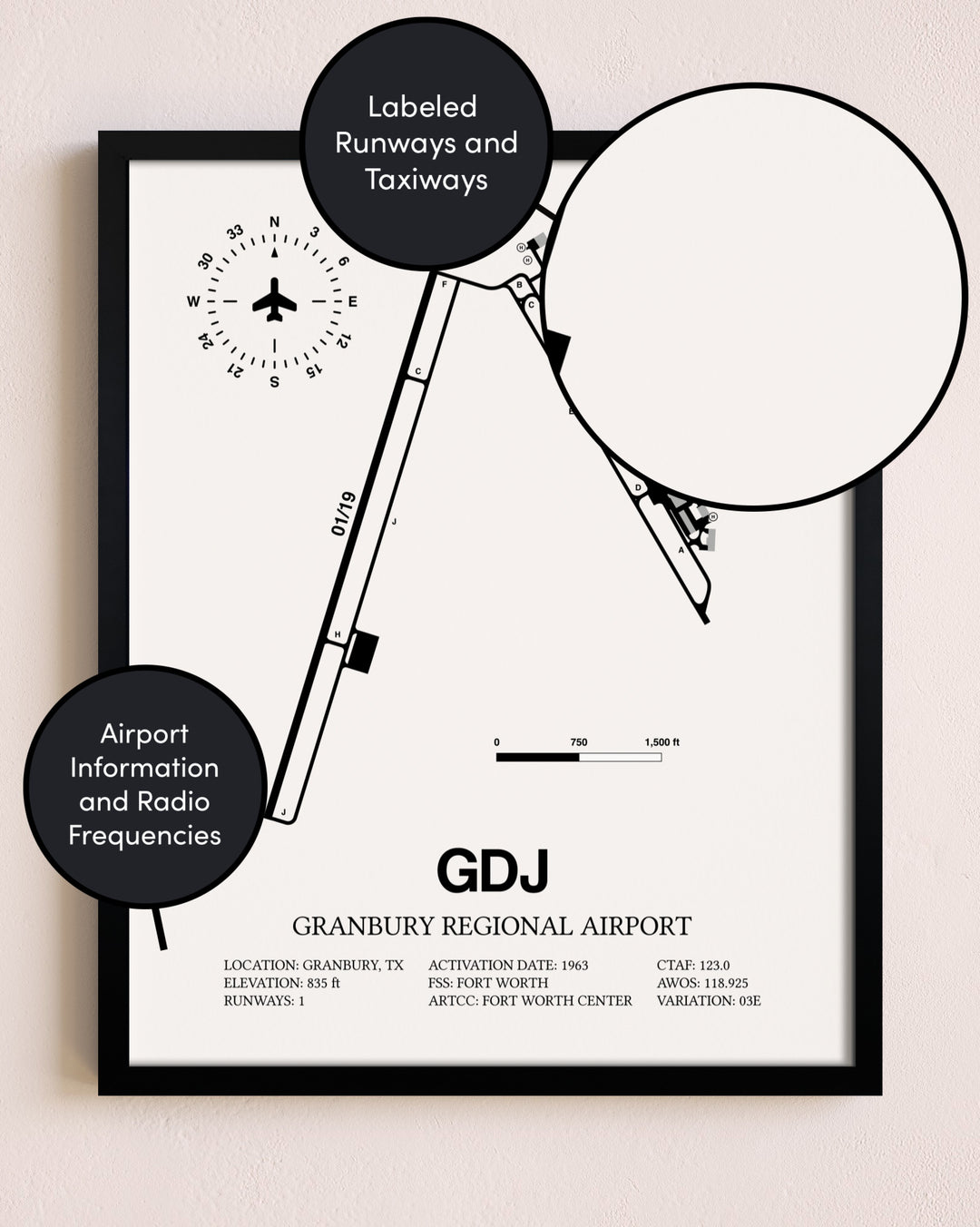 Framed Granbury Regional Airport layout wall art poster