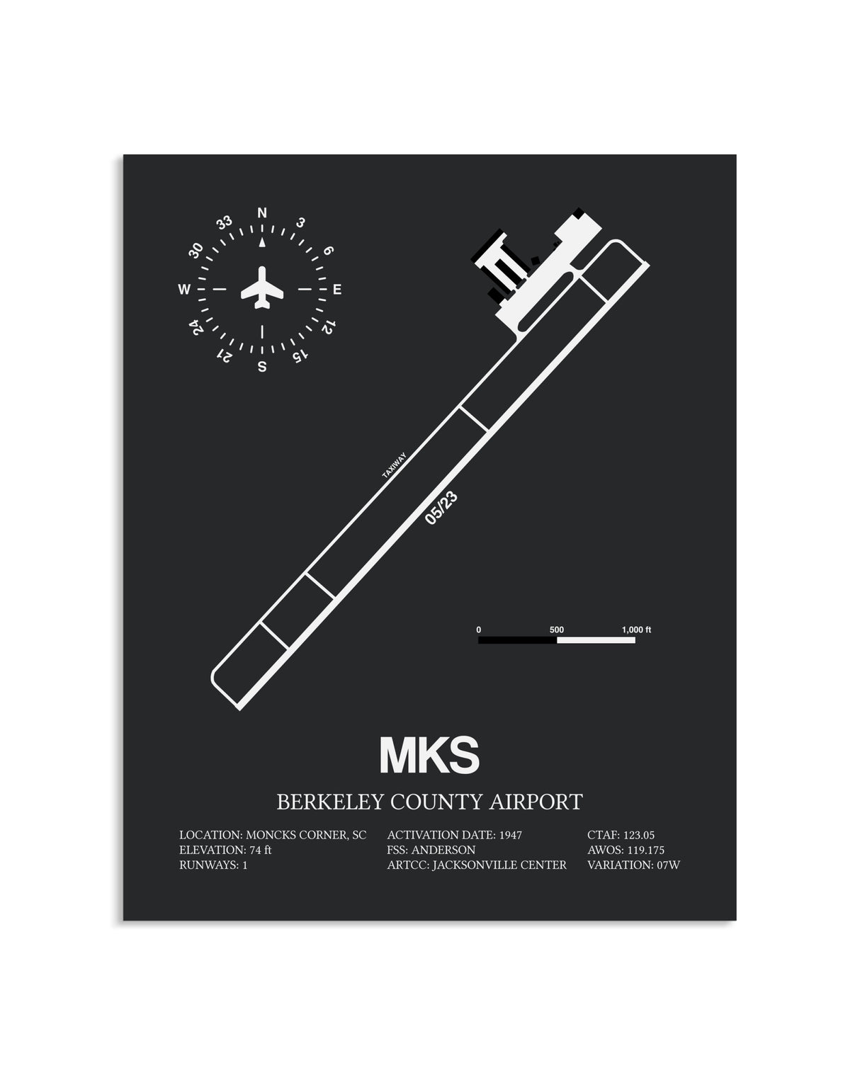 Gray Framed Berkeley County Airport layout wall art poster