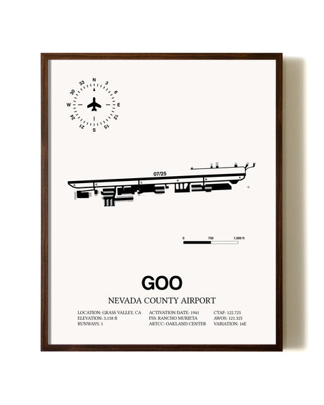 Nevada County Airport aviation print in walnut frame