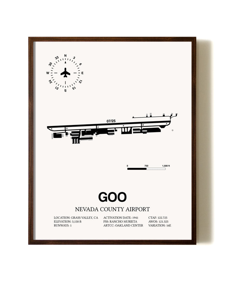Nevada County Airport aviation print in walnut frame