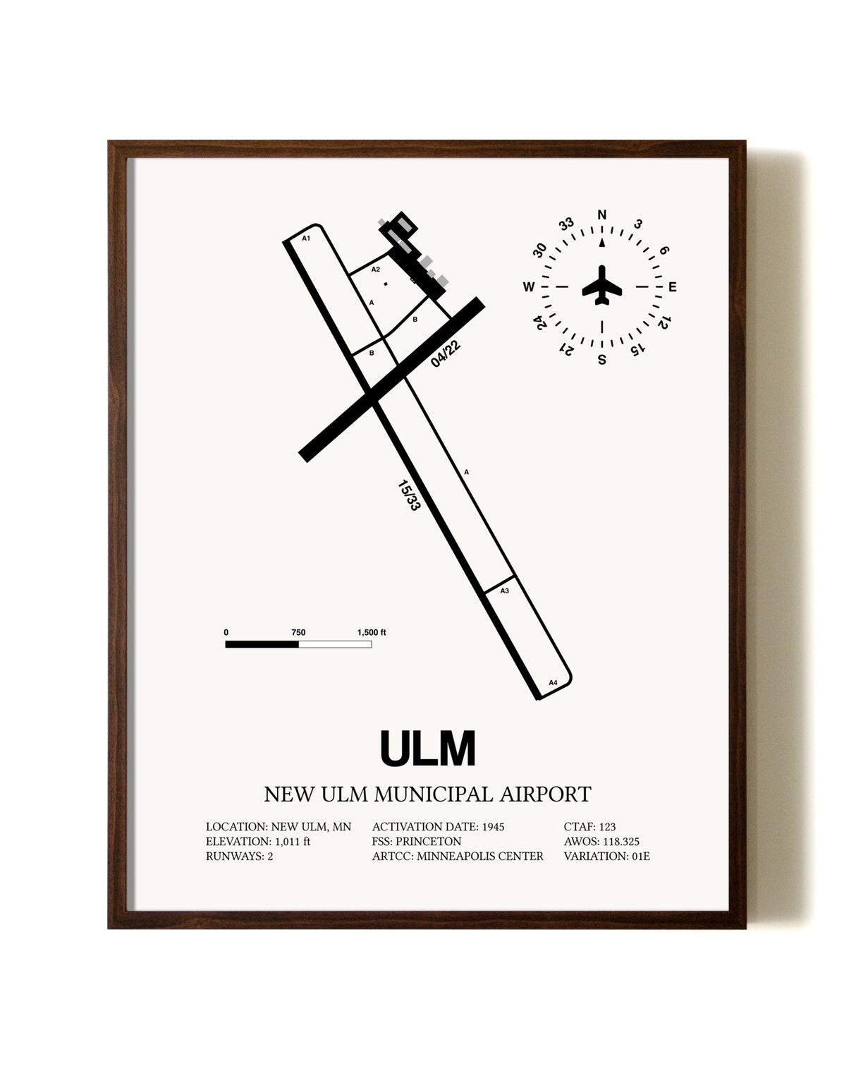 New Ulm Municipal Airport aviation print in walnut frame