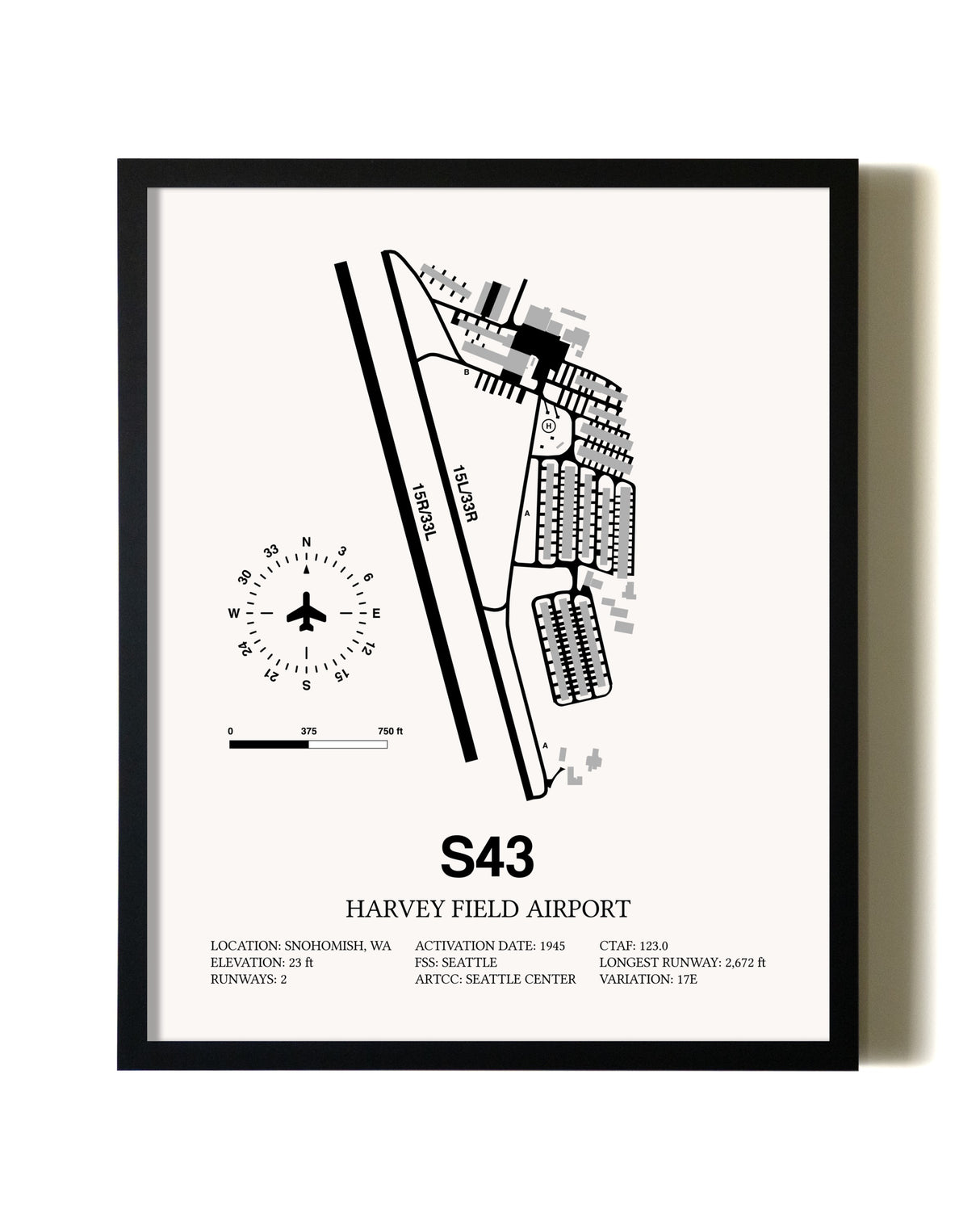 Framed Harvey Field Airport wall art poster in black frame