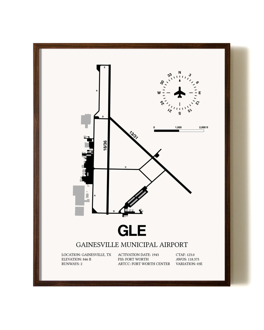 Gainesville Municipal Airport aviation print in walnut frame