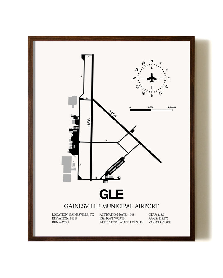 Gainesville Municipal Airport aviation print in walnut frame