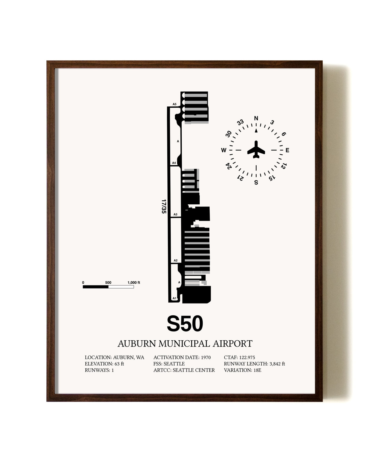 Auburn Municipal Airport aviation print in walnut frame