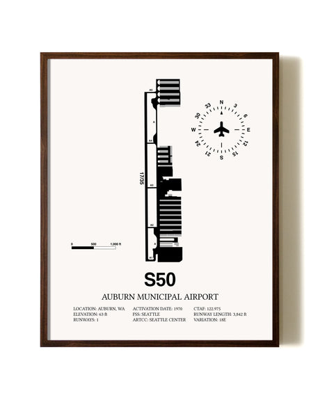 Auburn Municipal Airport aviation print in walnut frame