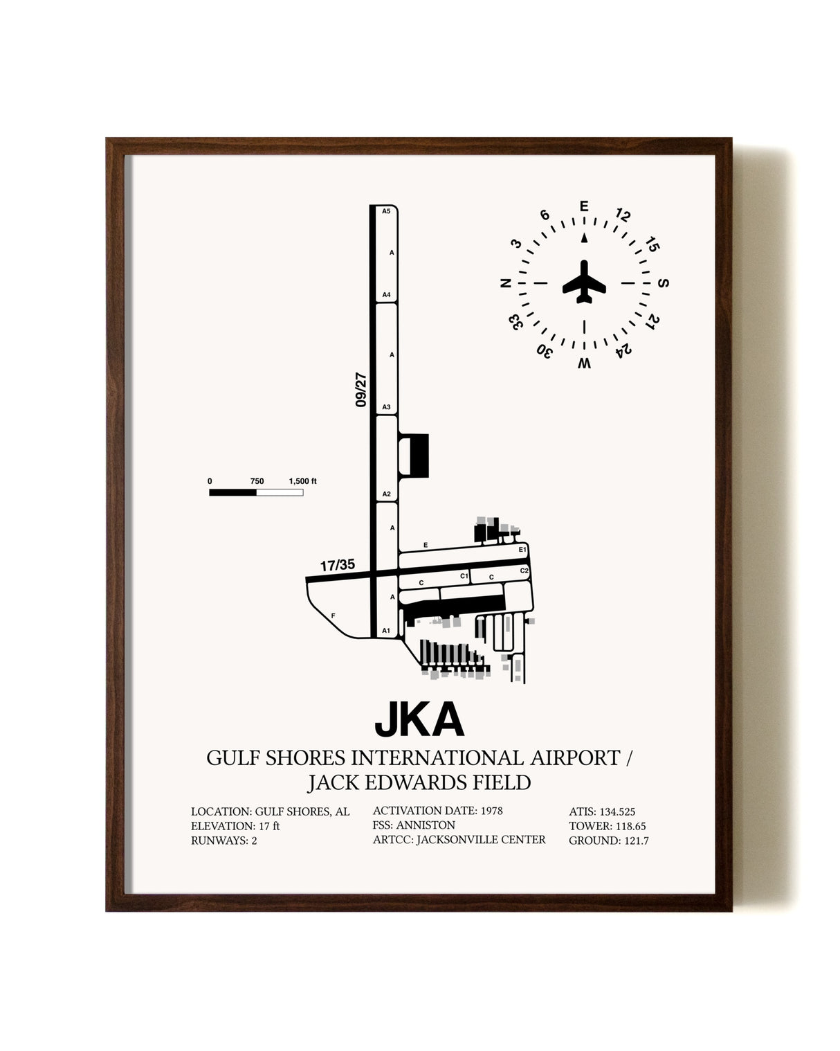 Gulf Shores International Airport / Jack Edwards Field aviation print in walnut frame