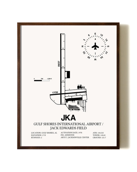 Gulf Shores International Airport / Jack Edwards Field aviation print in walnut frame