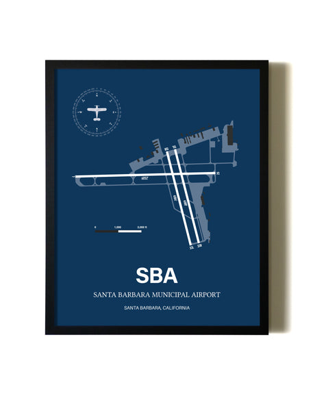 Aviation Blue Framed Santa Barbara Municipal Airport layout wall art poster