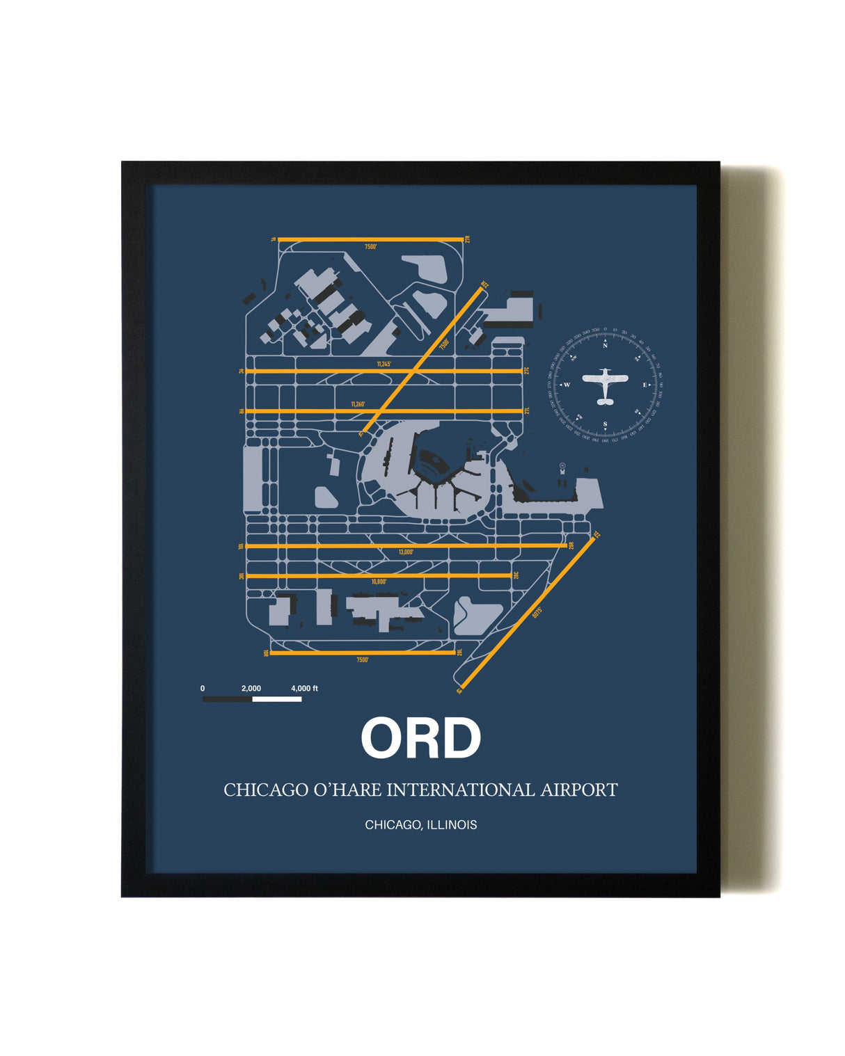 Framed Chicago O'Hare International Airport wall art poster in black frame