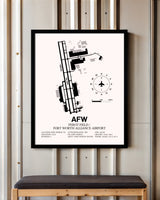 Perot Field / Fort Worth Alliance Airport framed poster displayed in an airplane hangar