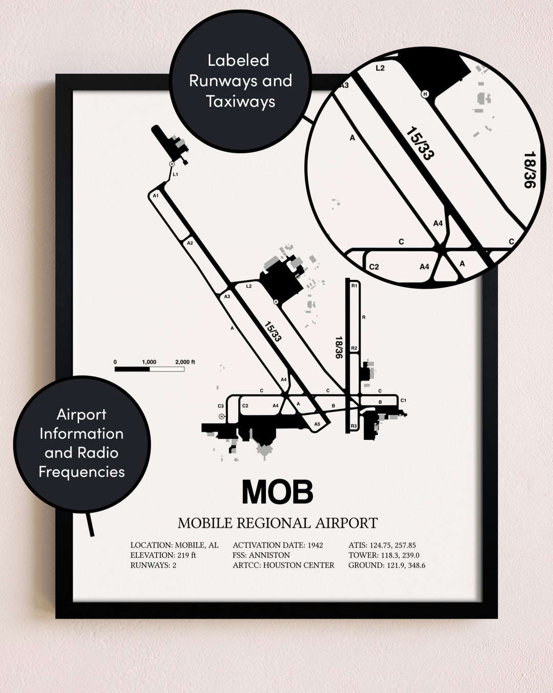Framed Mobile Regional Airport layout wall art poster