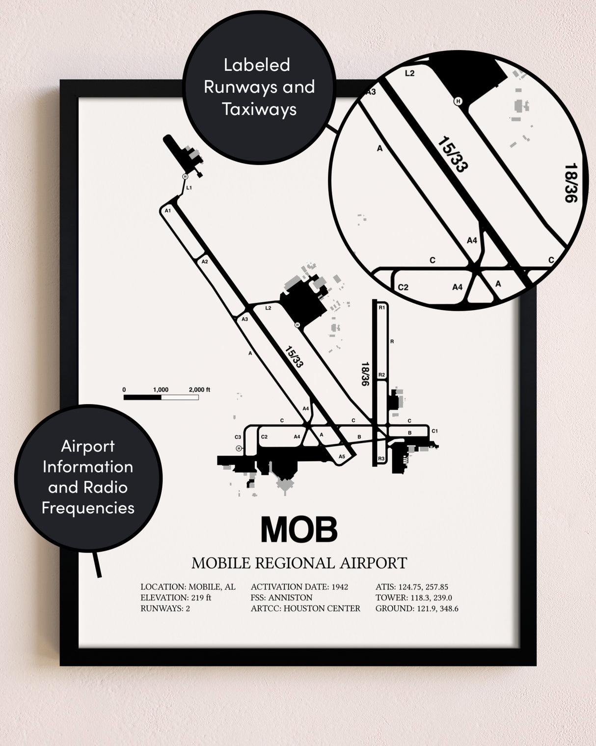 Framed Mobile Regional Airport layout wall art poster