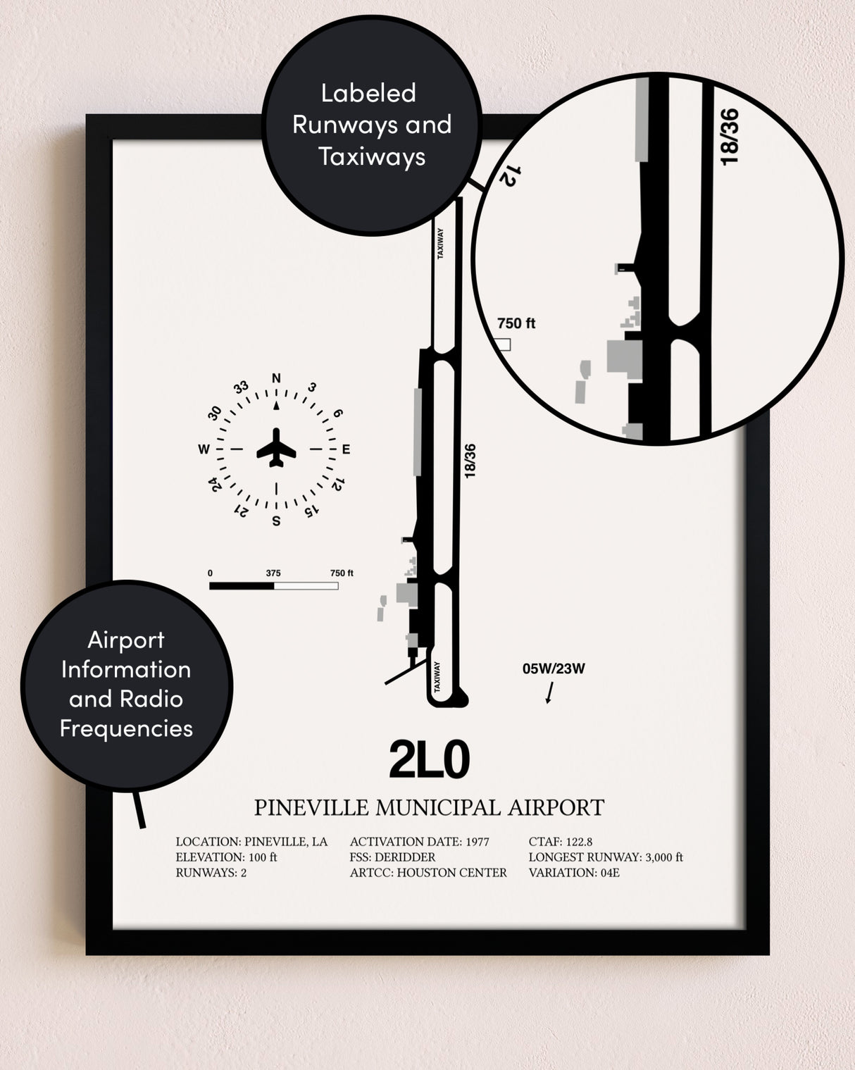 Framed Pineville Municipal Airport layout wall art poster