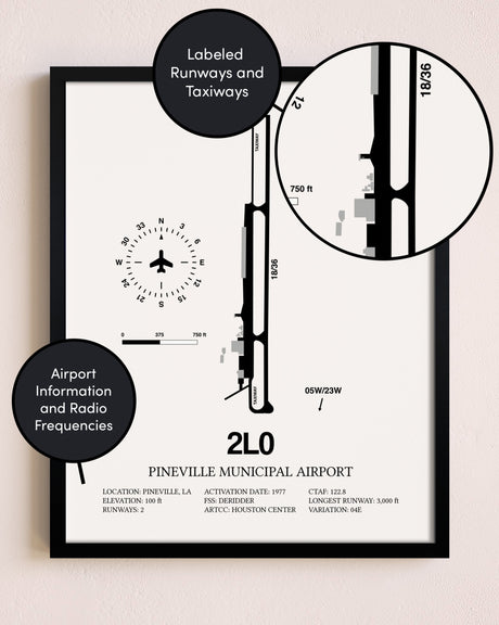 Framed Pineville Municipal Airport layout wall art poster