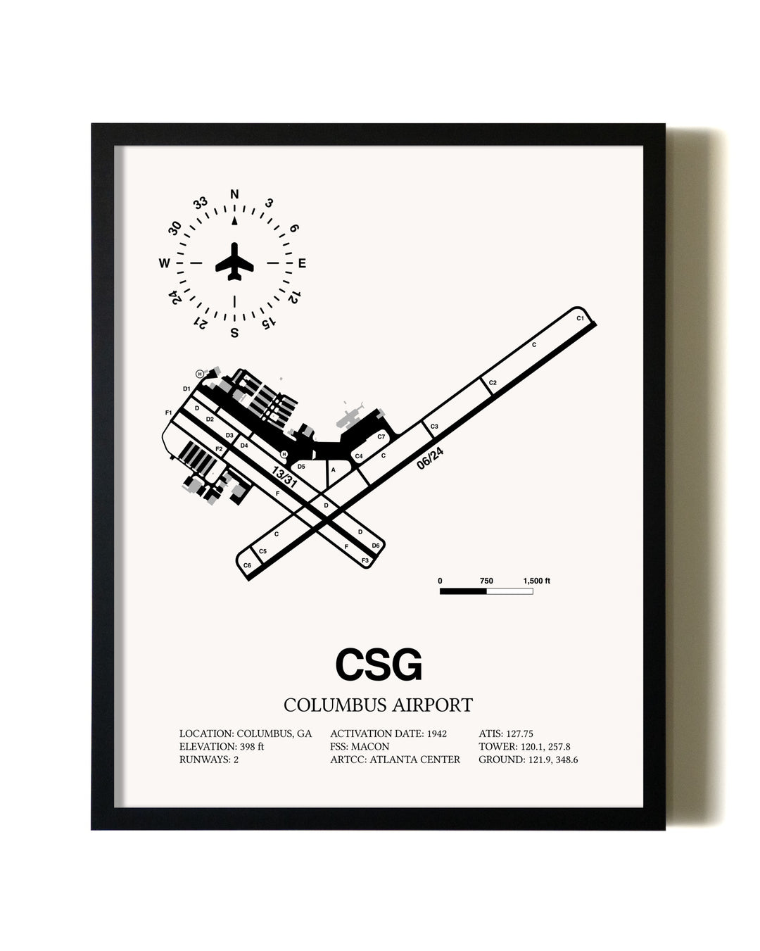 Framed Columbus Airport wall art poster in black frame