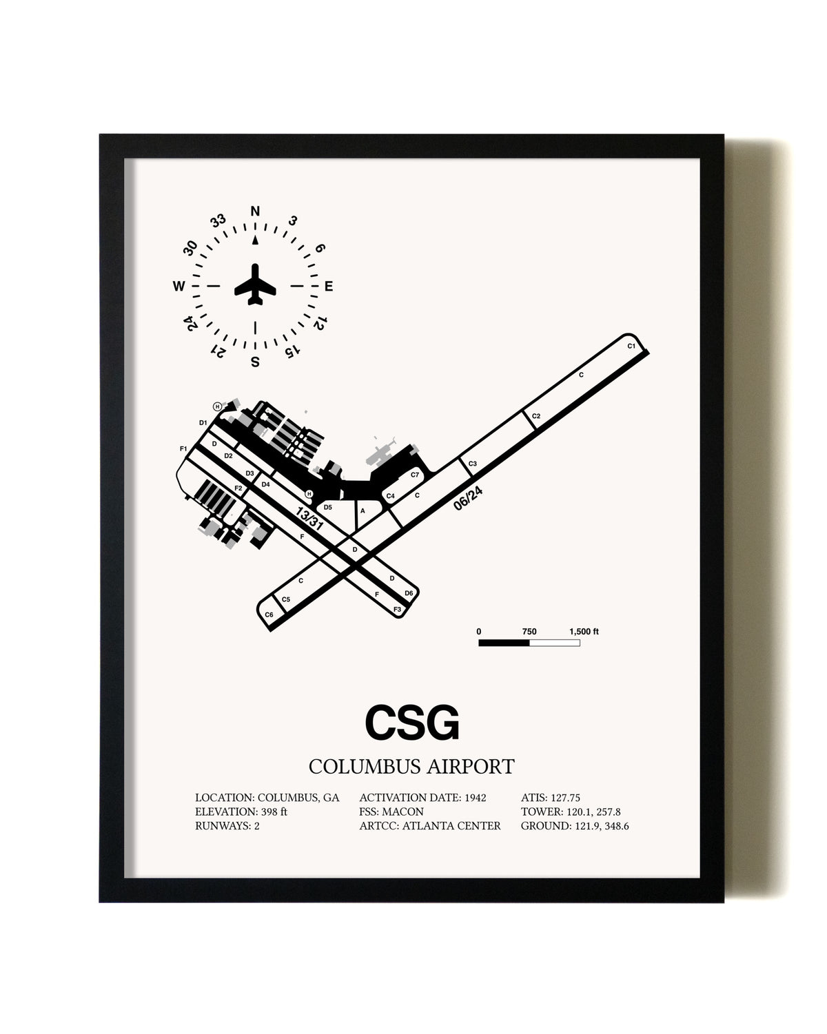 Framed Columbus Airport wall art poster in black frame