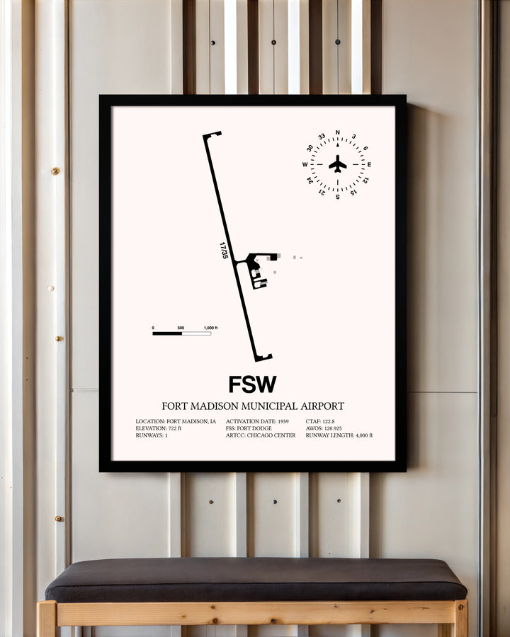 Fort Madison Municipal Airport framed poster displayed in an airplane hangar