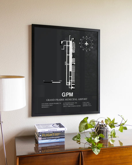 Gray Framed Grand Prairie Municipal Airport wall art poster in black frame