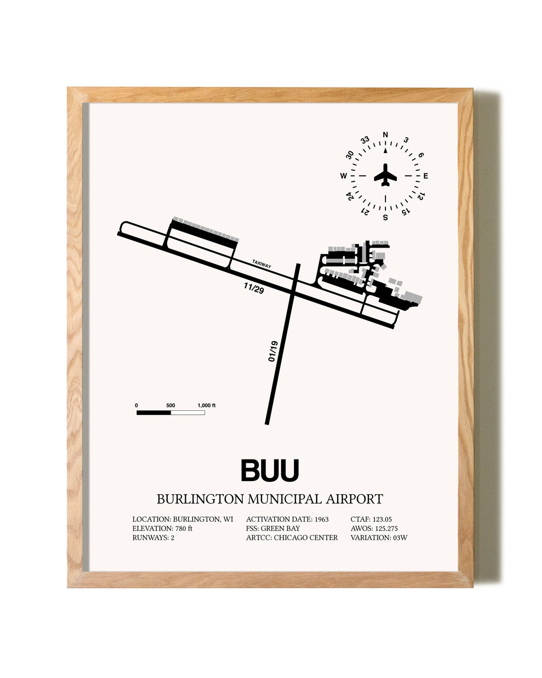 Burlington Municipal Airport framed print in natural wood frame