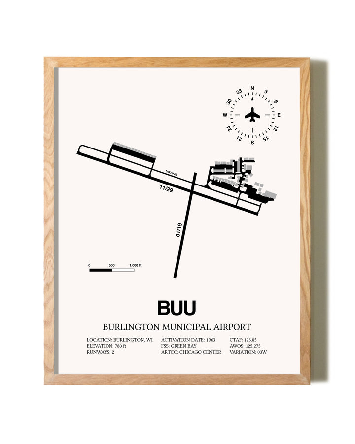 Burlington Municipal Airport framed print in natural wood frame
