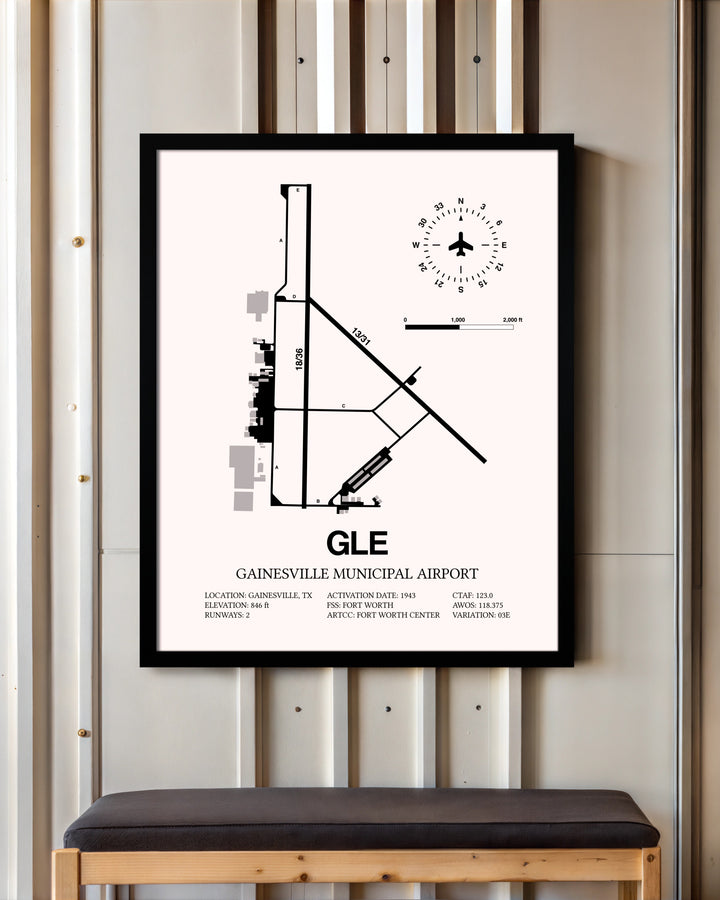 Gainesville Municipal Airport framed poster displayed in an airplane hangar