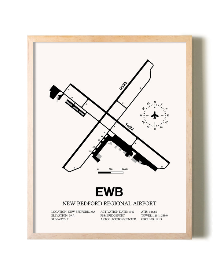 New Bedford Regional Airport framed wall art in white frame