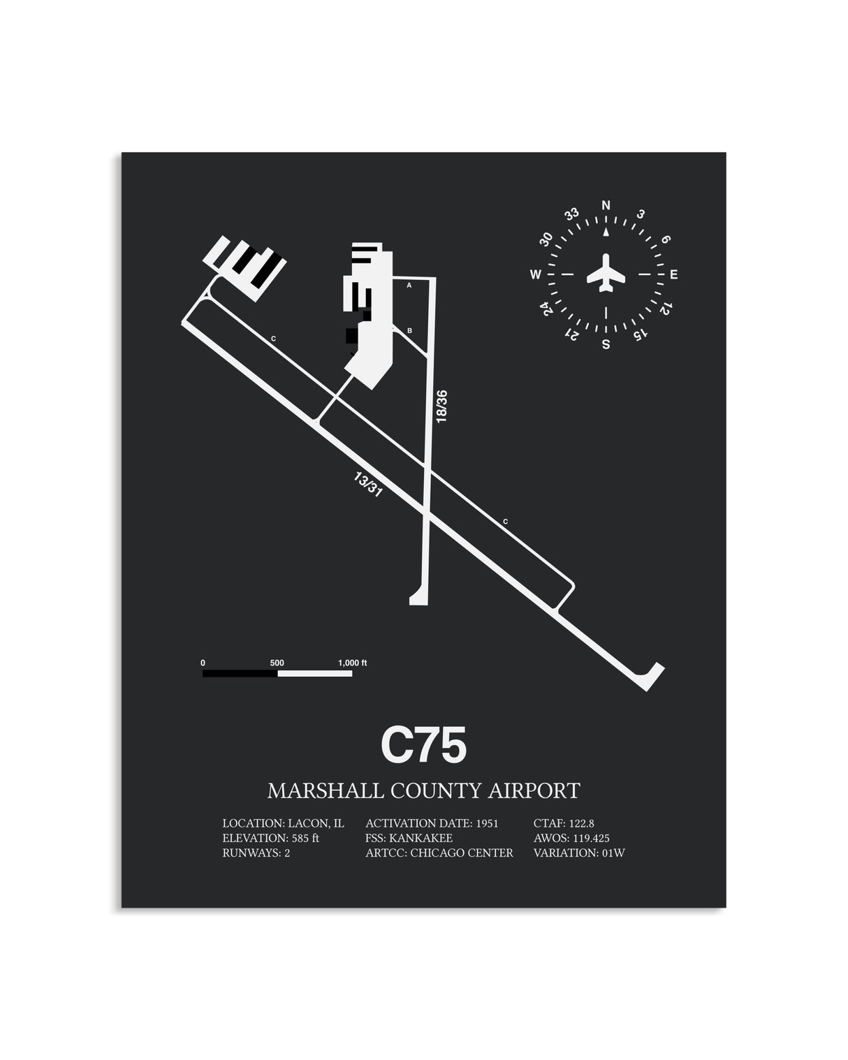 Gray Framed Marshall County Airport layout wall art poster