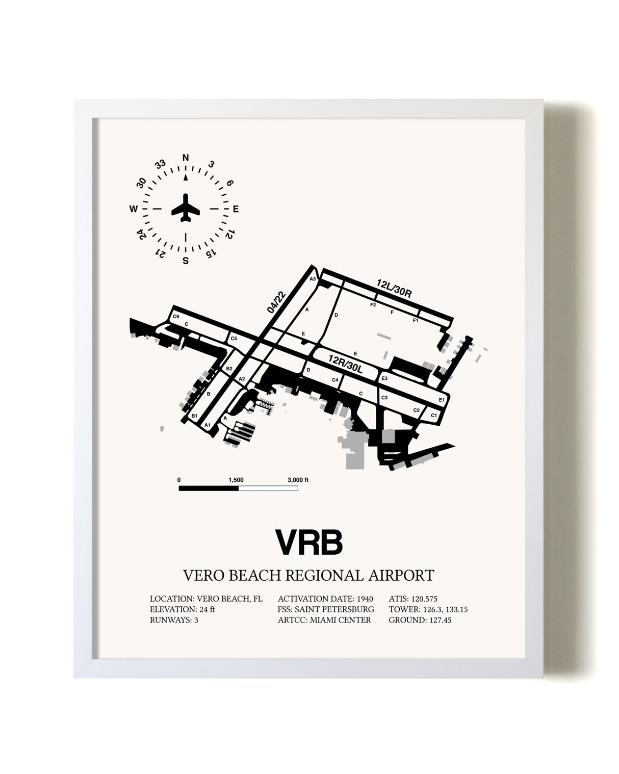 Vero Beach Regional Airport airport map poster in oak frame
