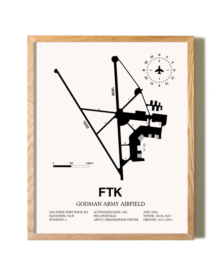 Godman Army Airfield framed print in natural wood frame