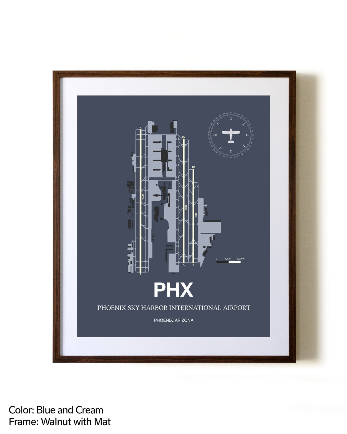 Phoenix Sky Harbor International Airport aviation print in walnut frame with mat