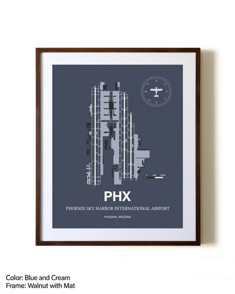 Phoenix Sky Harbor International Airport aviation print in walnut frame with mat