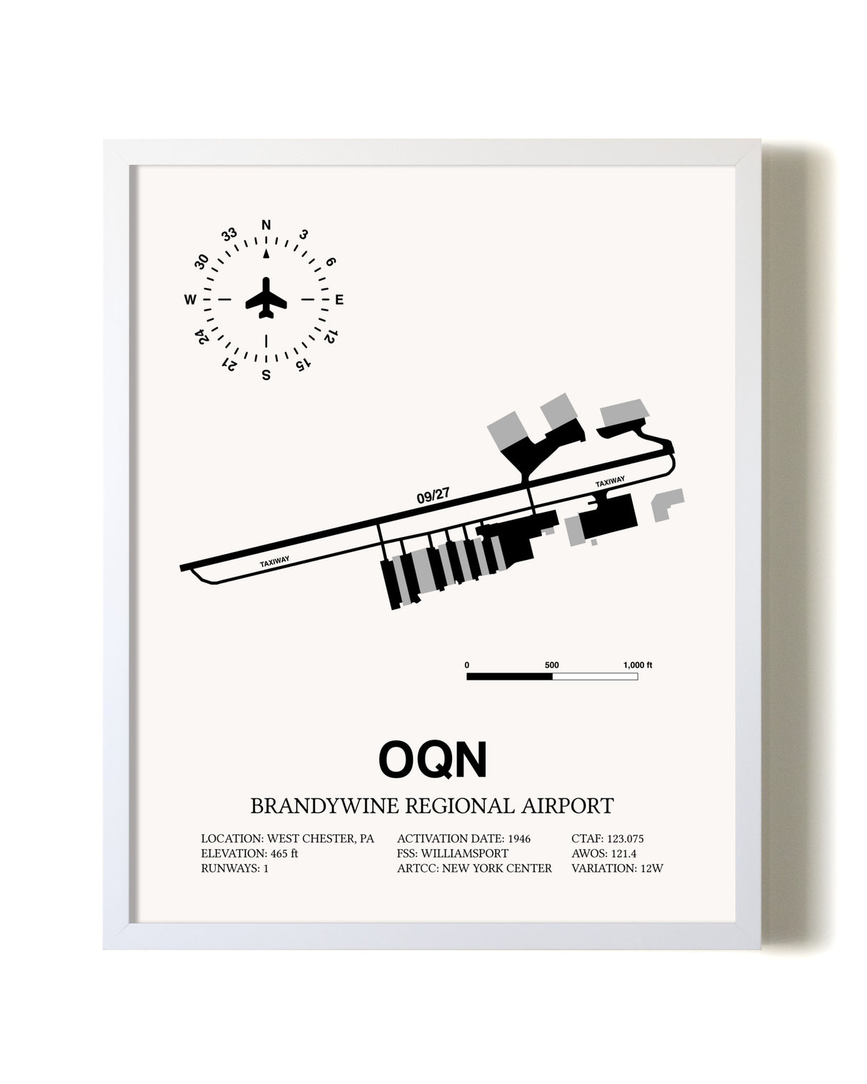 Brandywine Regional Airport airport map poster in oak frame