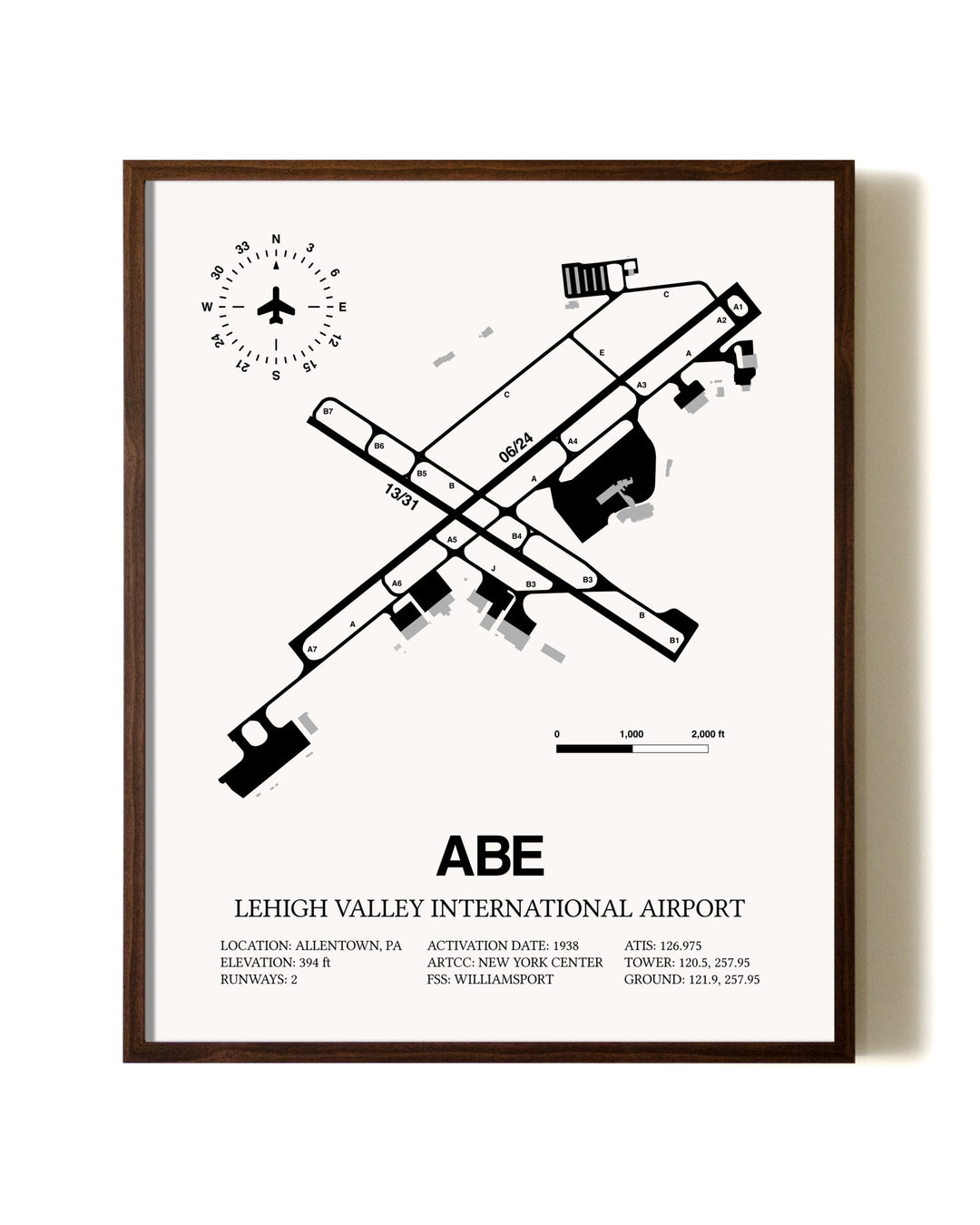 Lehigh Valley International Airport aviation print in walnut frame