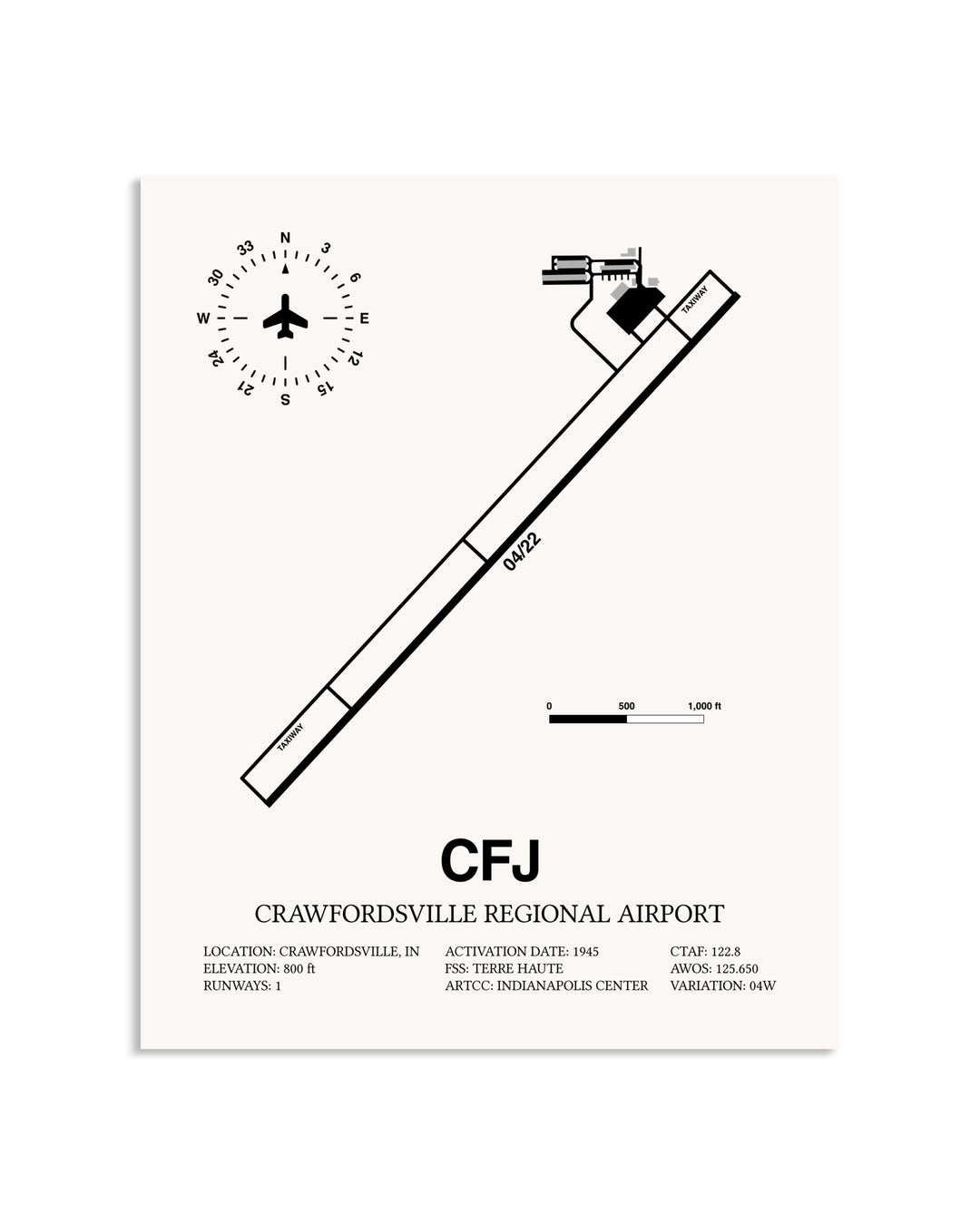 Gray Crawfordsville Regional Airport framed poster displayed in an airplane hangar