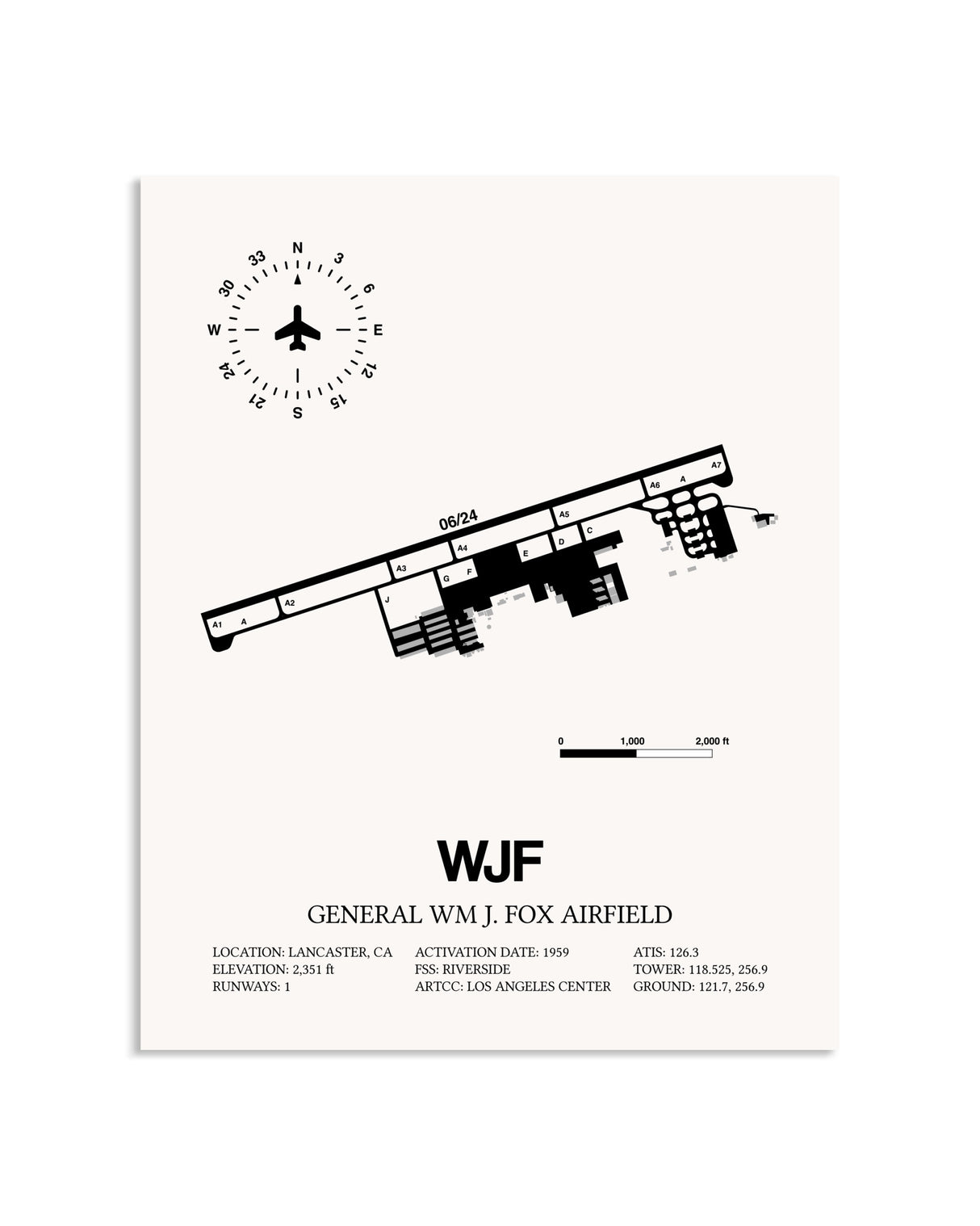 Gray General William J. Fox Airfield framed poster displayed in an airplane hangar