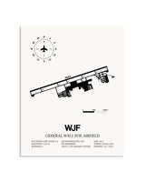 Gray General William J. Fox Airfield framed poster displayed in an airplane hangar