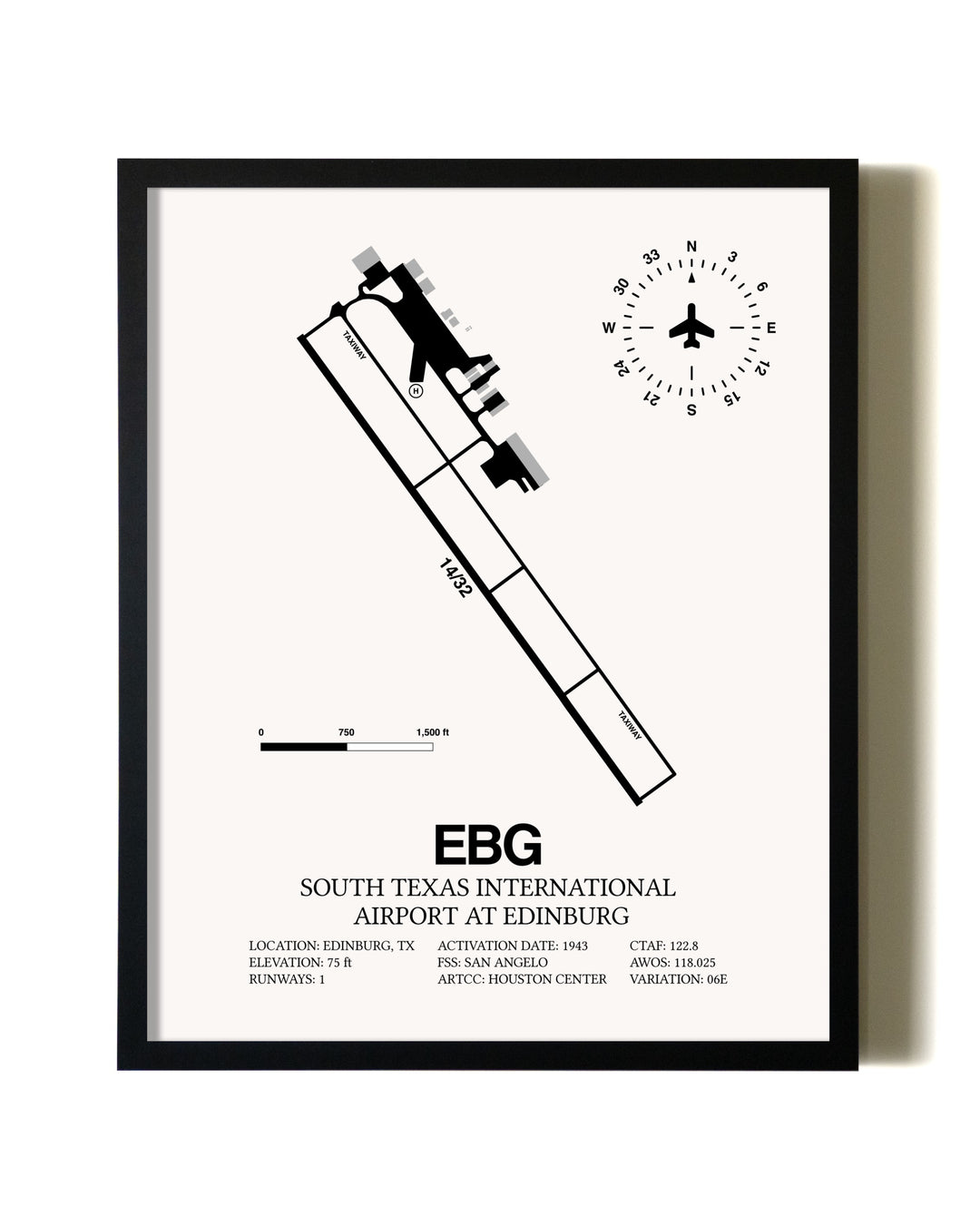 Framed South Texas International Airport At Edinburg wall art poster in black frame