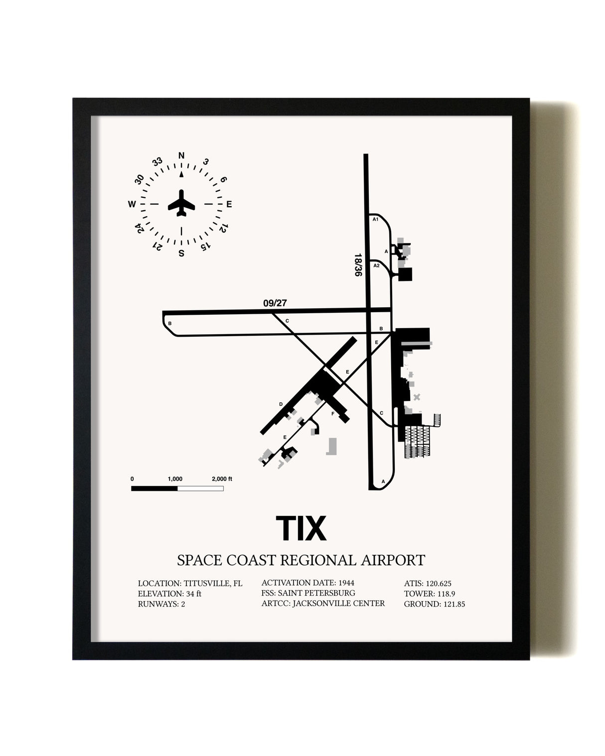 Framed Space Coast Regional Airport wall art poster in black frame