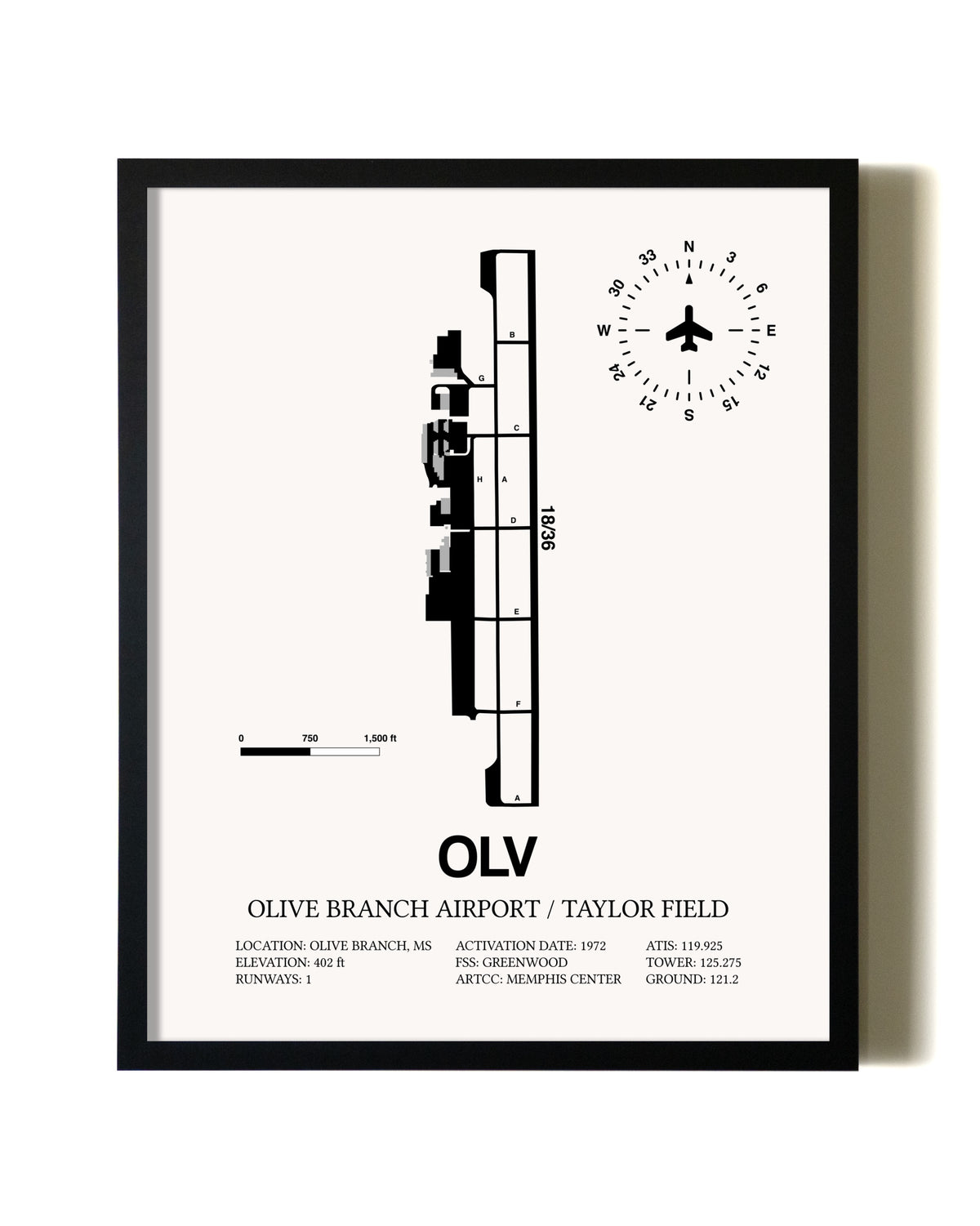 Framed Olive Branch Airport / Taylor Field wall art poster in black frame