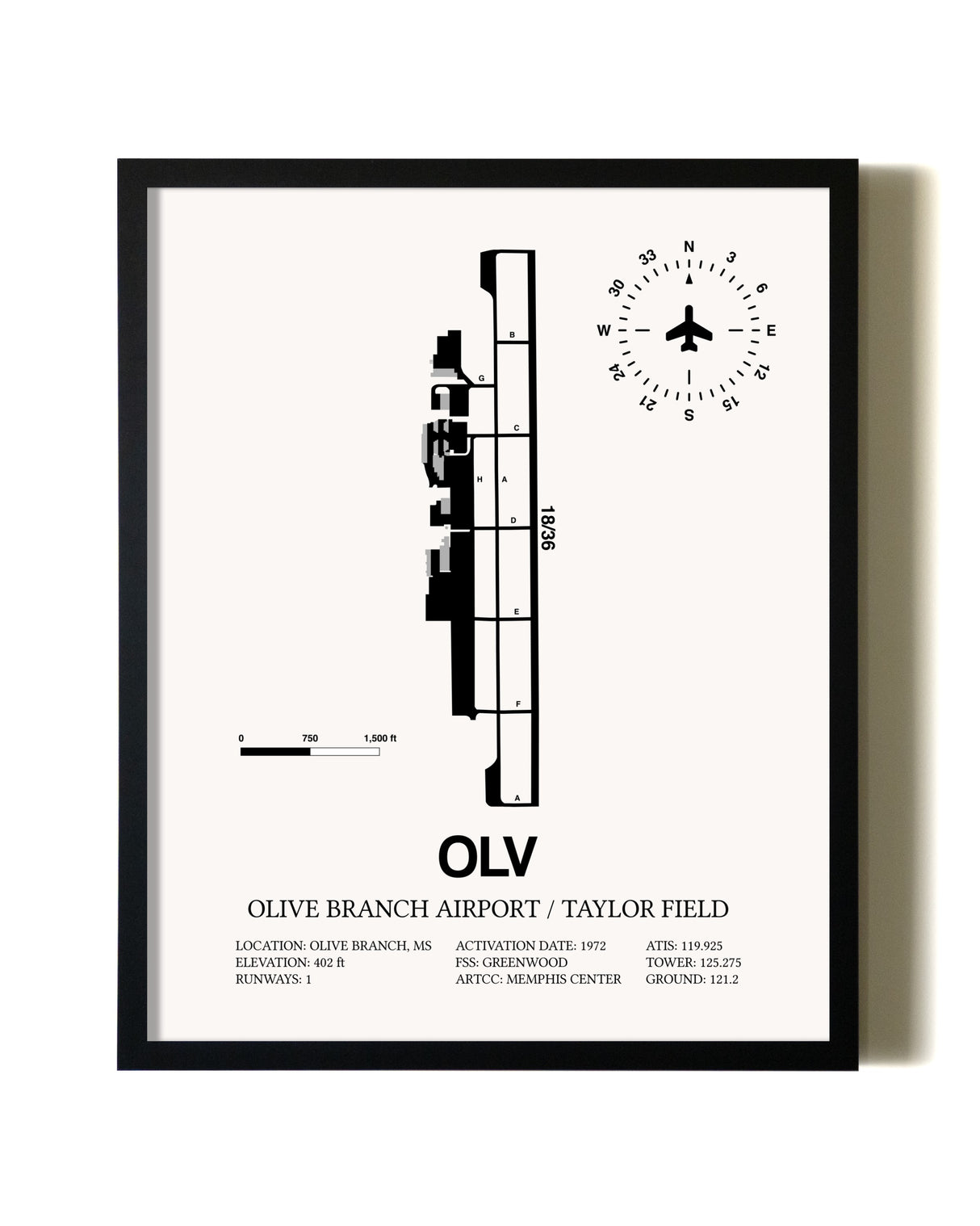 Framed Olive Branch Airport / Taylor Field wall art poster in black frame