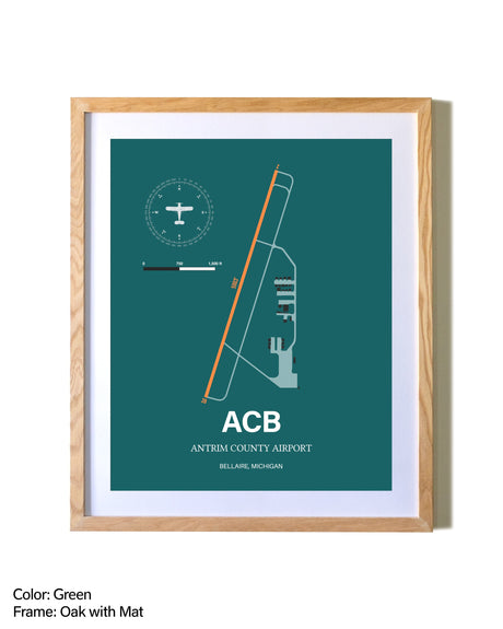 Antrim County Airport airport map poster in oak frame with mat